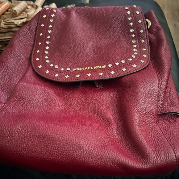 Michael Kors Riley Large Leather Back Pack Mulberry Red /Gold Studs and Wallet - Picture 4 of 8